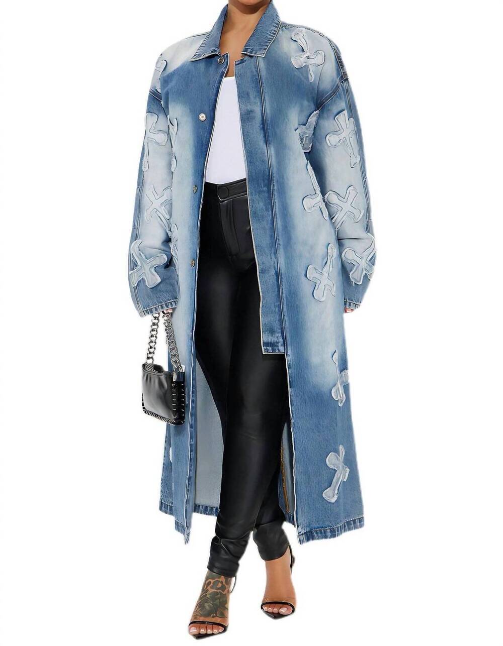 NEW BY CLAUDE covered long denim maxi jacket in blue